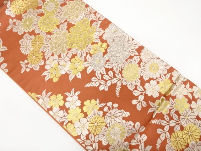 JAPANESE KIMONO / ANTIQUE FUKURO OBI / SILK / WOVEN KIKU & SAKURA WITH PEONY